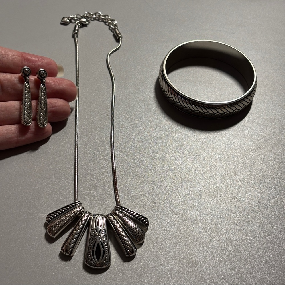 Brighton Andorra Necklace Bangle Bracelet Earrings Set Silver Plated Bib Collar